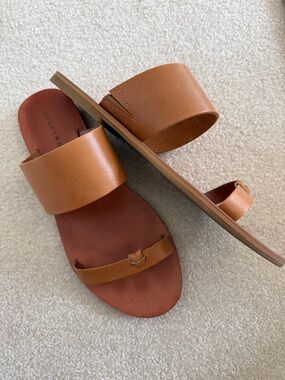 Lucky Brand Cognac Brown Leather Slide Sandals